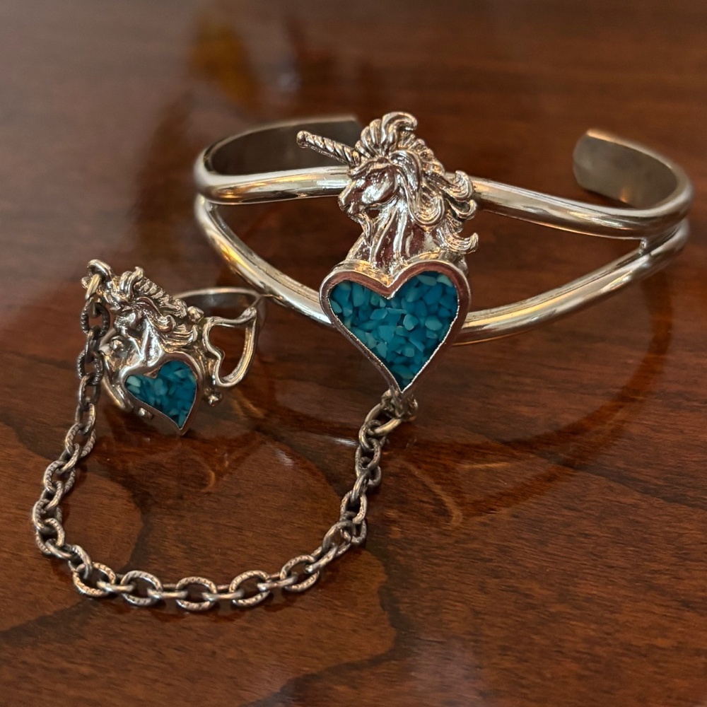 Vintage Unicorn Cuff and Chain Ring Bracelet - Picture 2 of 4